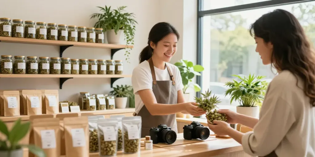 Buying high-quality comprar flores cbd in a cozy, inviting CBD shop.