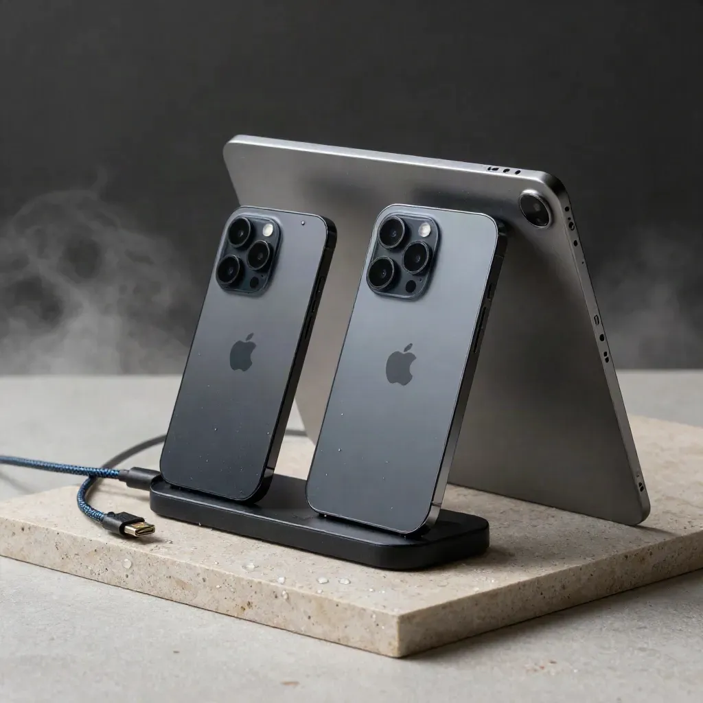 Dos móviles, tablet invertida y cable USB-C sobre piedra mojada con luz dramática azul.