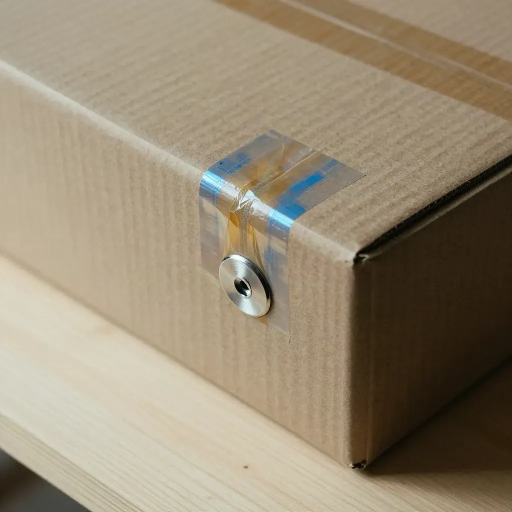 Caja kraft sellada con cinta translúcida y precinto metálico sobre madera clara.