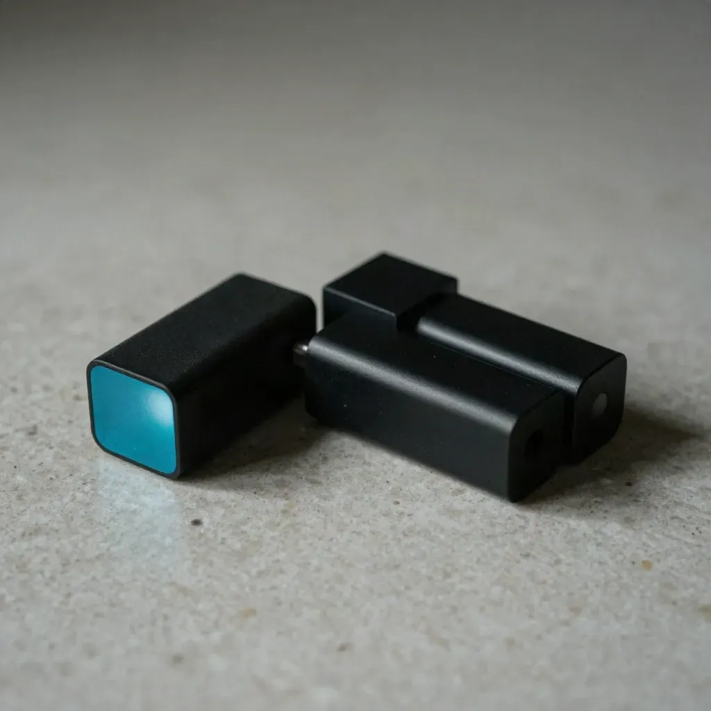 Módulos magnéticos de aluminio mate con separador de goma y puente negro sobre piedra clara.