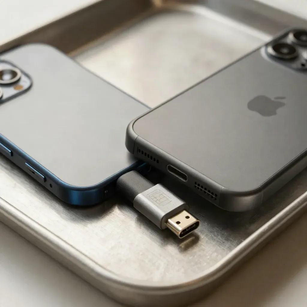 Dos carcasas de móviles, una SIM y un cable USB-C sobre bandeja metálica mate.