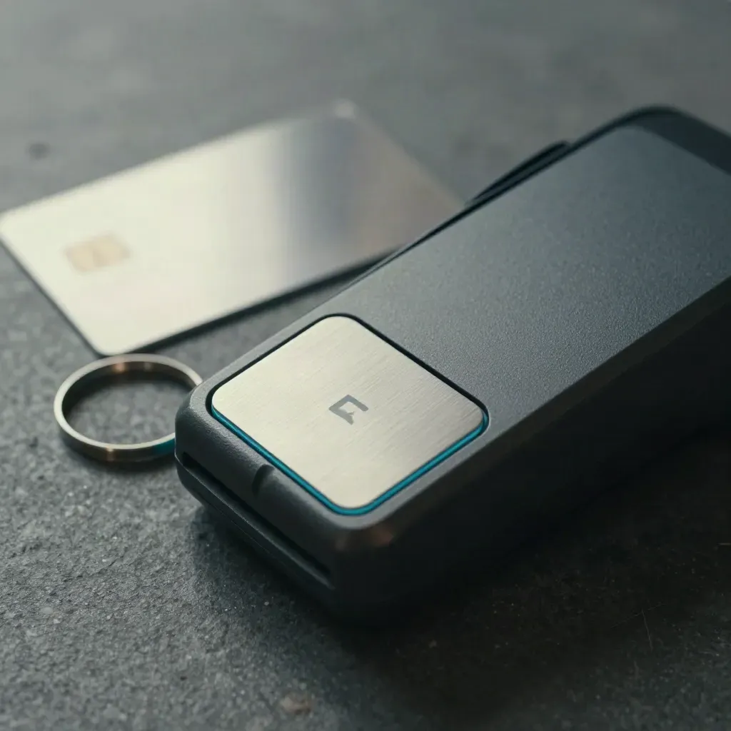 Terminal NFC, tarjeta metálica y anillo de soporte sobre piedra oscura, estilo macro premium.
