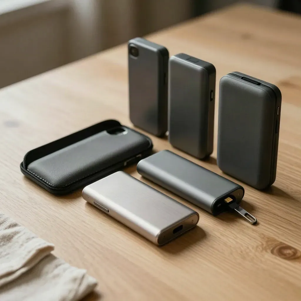 Kit de lanzamiento de apps con batería externa, funda y llave SIM sobre madera clara.
