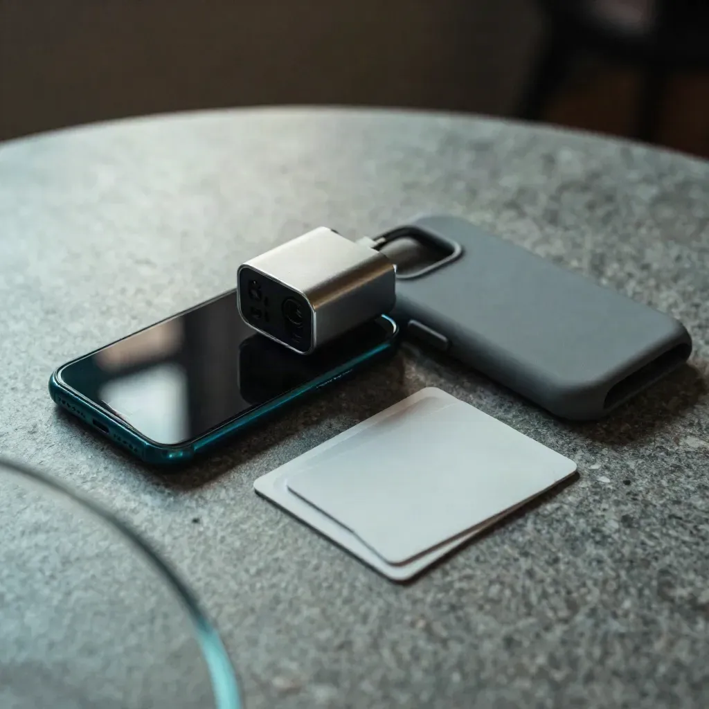 Teléfono apagado, cargador, funda y tarjetas NFC sobre piedra con luz cian suave.
