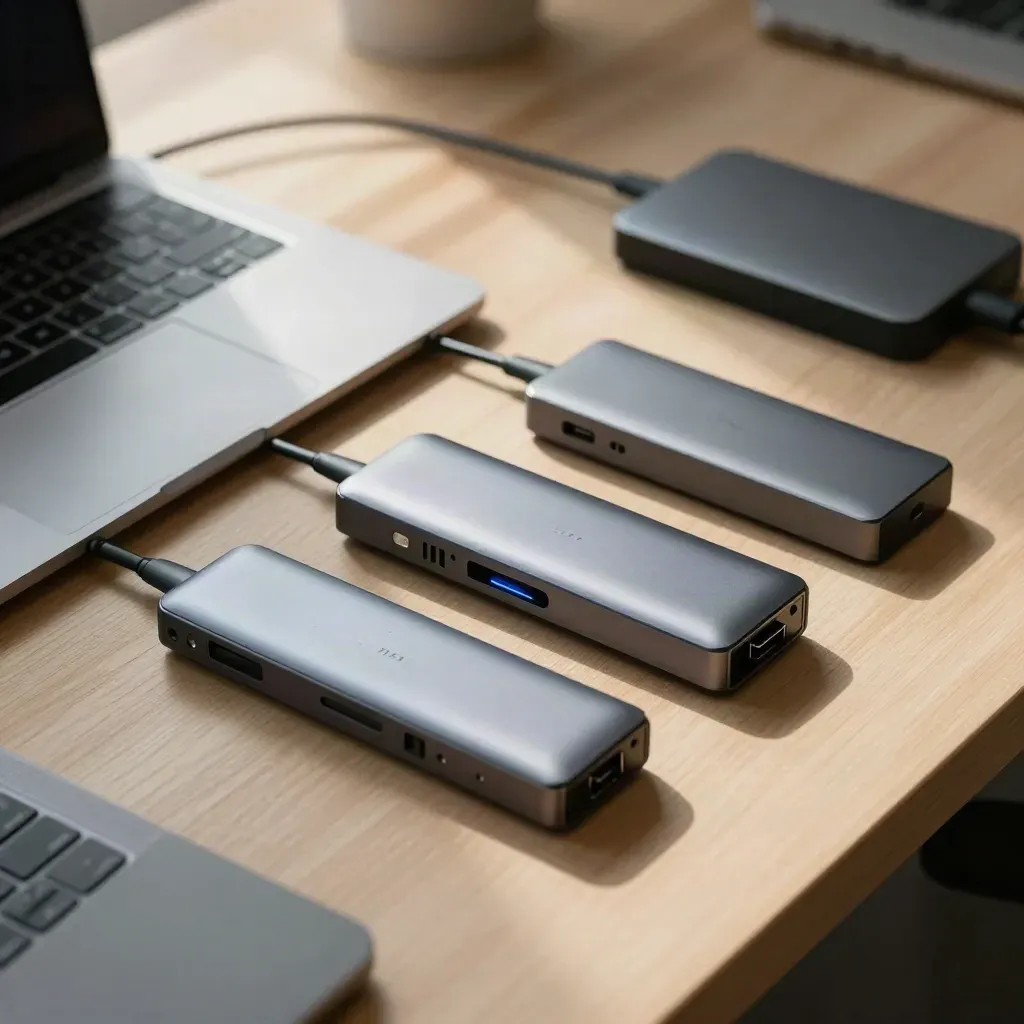 Portátil cerrado, hub USB-C, disco externo y adaptadores sobre madera clara, con luz suave.