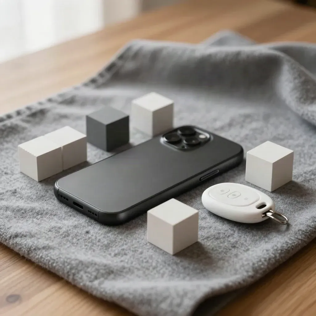 Bloques modulares, funda de móvil y llave NFC sobre paño gris en plano cenital.